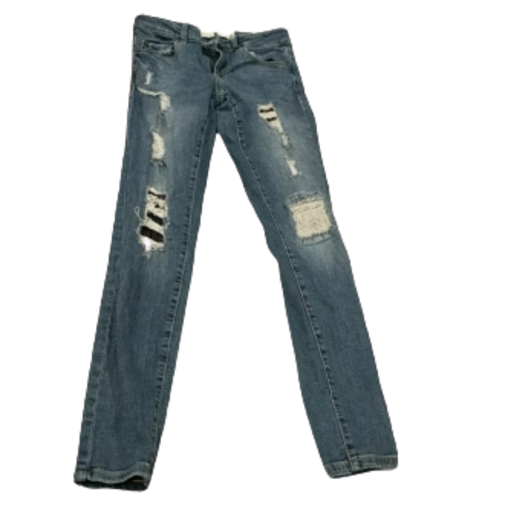 Garage ripped jeans w/ plaid patching